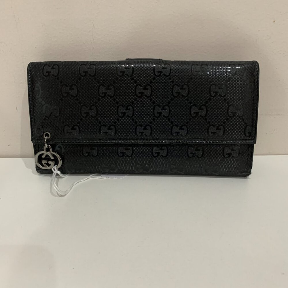 Authentic Gucci Black Leather Flap Wallet with Monogram Pattern